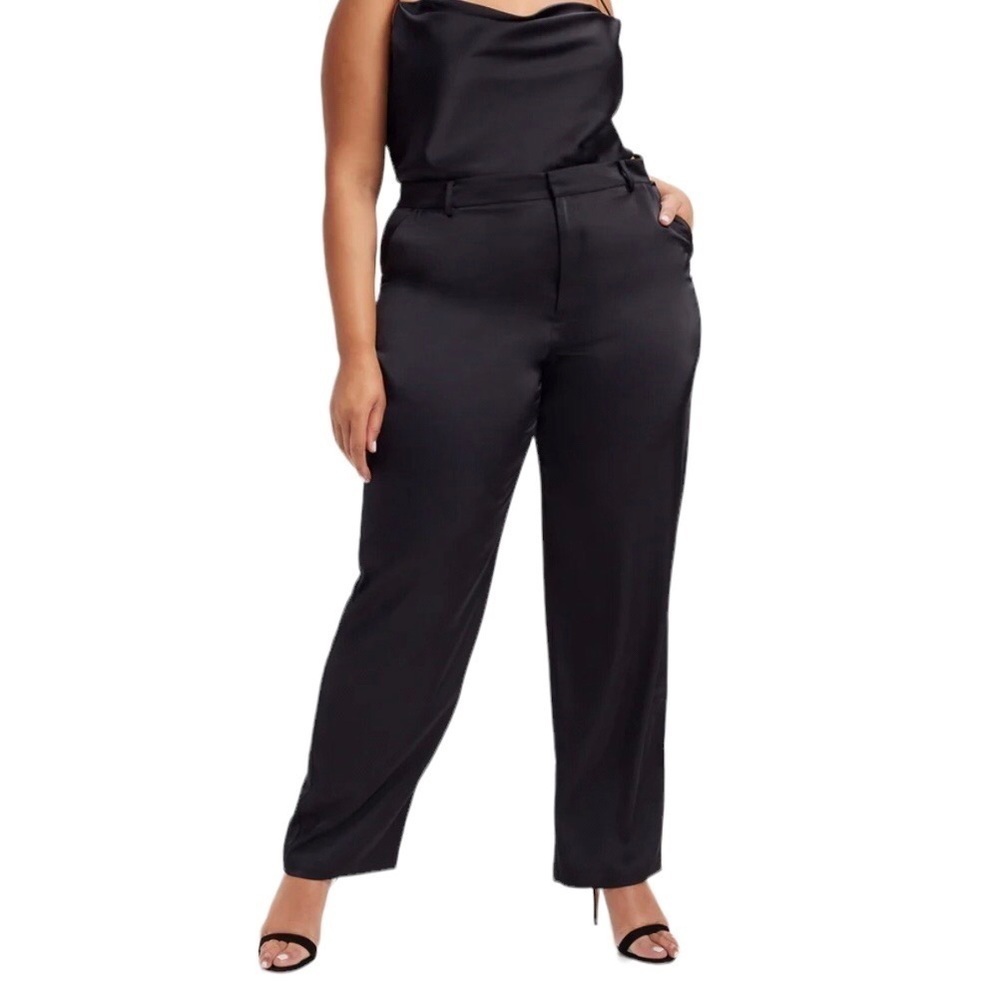 Good American Satin Pants Trousers Black Size 24 Wide Leg High Rise GWB0099